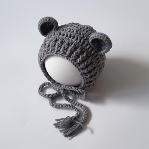 Zeroest Newborn Baby Boy Girl Photography Props Bear Hat Outfits Crochet Kint Handmade Cap Set for Newborn Photo Shoot - color: Grey