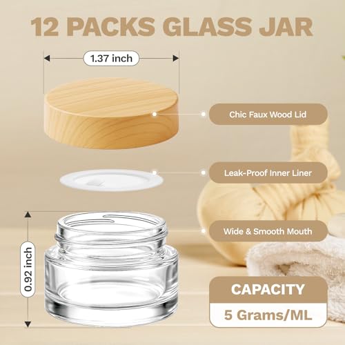 Bumobum 12 Pcs 5 Grams Glass Cosmetic Jars with Plastic Wood-Grain Lids, 5 ml Lip Balm Containers Empty Tiny Sample Jars for Lip Scrub Makeup Eye Cream Travel - color: 5g-12pack