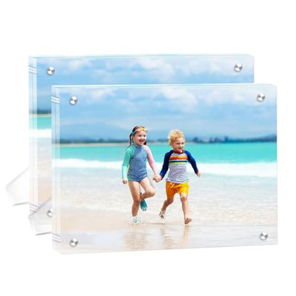 2 Pack(5×7) Acrylic Picture Frames Clear Magnetic Photo Frames Freestanding Lucite Acrylic Block Frame Frameless Desktop Display for Home Office - size: 5"x7"-2Pack