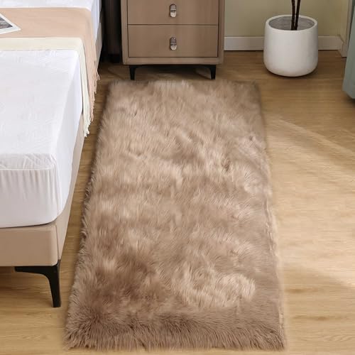 Goolela Furry 2x6 Fluffy Faux Sheepskin Beige Washable Shag Rug for Living Room Bedroom Sofa Cute Room Decor Rectangle - color: Beige, size: 2' x 6' (Rectangular)