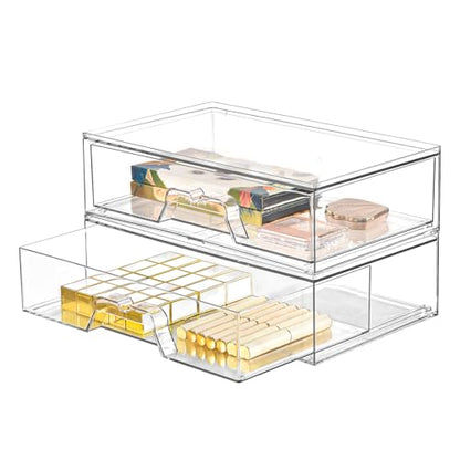 2 Pack Stackable Makeup Organizer, 12.1''L Acrylic Bathroom Organizer and Storage Undersink Drawer, Cosmetics and Beauty Supplies,Clear Plastic Storage Bins for Desk,Cabinet,Kitchen,Vanity,Pantry - style: 2pack Wide