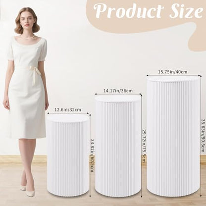 Metal Pleated Cylinder Pedestal Stands for Party, 3 Pieces Heavy Duty Round Cake Pedestal Stand Display Plinth Pillars Art Decor for Wedding Ceremony Birthday Party（Large, White） - size: XXL:35.63"x40", XL:29.72"x14.17", L:23.82"x12.6"