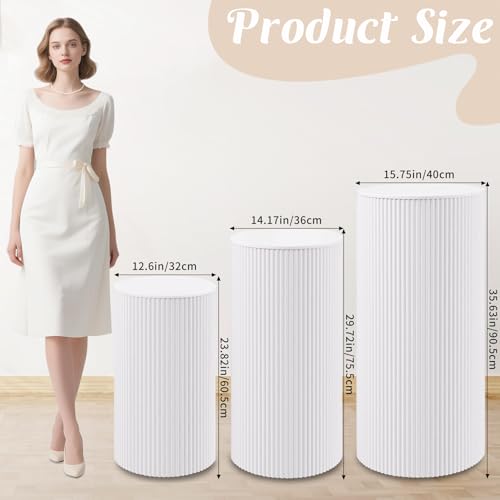 Metal Pleated Cylinder Pedestal Stands for Party, 3 Pieces Heavy Duty Round Cake Pedestal Stand Display Plinth Pillars Art Decor for Wedding Ceremony Birthday Party（Large, White） - size: XXL:35.63"x40", XL:29.72"x14.17", L:23.82"x12.6"