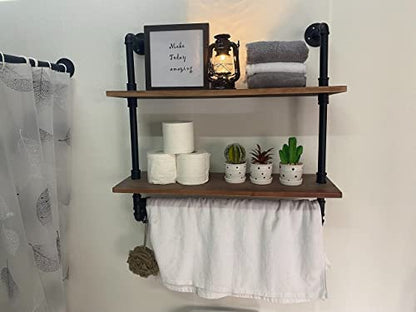 ROGMARS Industrial Pipe Shelving Bathroom Shelves with Towel bar, 30 in Rustic Floating Shelves Pipe Wall Shelf with Hooks for Living Room,Kitchen - color: Rustic Brown, size: 30 Inch 2 Tier