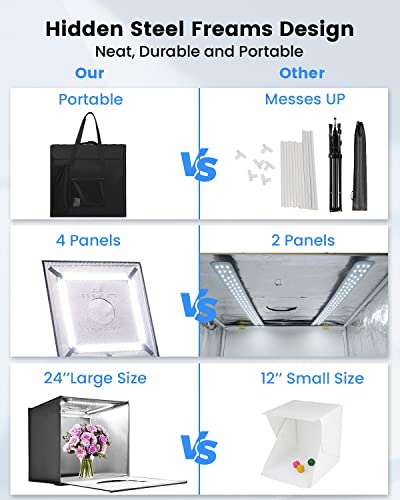 24"x24" Photo Studio Light Box for Photography, Foldable Bi-Color Dimmable Shooting Tent Kit with 240 LED Lights, 3000-6500K Lighting Booth, 6 Color Backdrops - color: Black-24inch Studio Box
