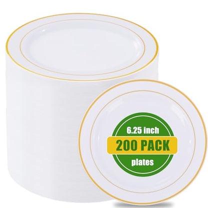 bUCLA 200PCS Gold Plastic Plates - 6.25inch White with Gold Trim Disposable Salad/Dessert/Appetizer/Small Cake Plates, Ideal for Wedding & Party - color: 6.25Inch-200pcs-Gold