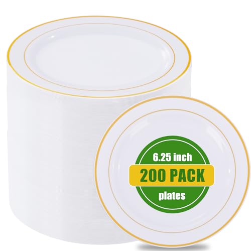 bUCLA 200PCS Gold Plastic Plates - 6.25inch White with Gold Trim Disposable Salad/Dessert/Appetizer/Small Cake Plates, Ideal for Wedding & Party - color: 6.25Inch-200pcs-Gold