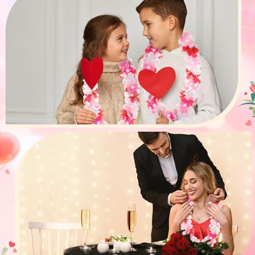 Sherr 24 Pcs LED Leis Light Up Wedding Hawaiian Leis Flower Necklace with LED Lights Beach Tropical Carnival Party Wedding Supplies Luau for Masquerade - color: Red Pink White