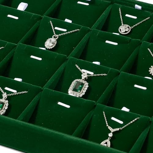 24 Grids Velvet Necklace Tray Necklace Holder Storage Jewelry Display Tray for Drawers With Removable Jewellery Cards for Bracelet Chain Pendant (Green) - size: 24 Grid With Insert