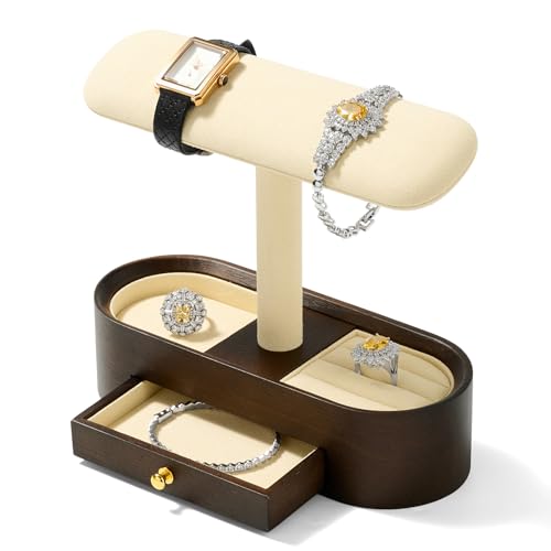 Oirlv Jewelry Organizer Display Stand, 2-in-1 Watch Holder with Hidden Drawer & Storage Tray, Solid Wood Jewelry Storage Rack, Beige - color: Dark White, size: Option 2 with drawer