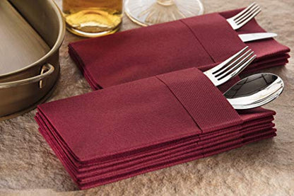 Moyes Home Burgundy Disposable Dinner Napkins with Pocket - Linen-Feel Pre-Folded Cloth-Like Paper Napkins for Silverware, Weddings, Dinner Parties, 16x16 in, Pack of 50 - color: Bordeaux