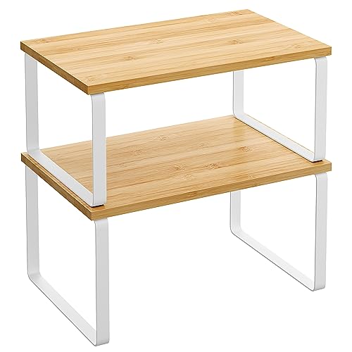 SONGMICS Cabinet Organizer Shelf, Set of 2 Kitchen Counter Shelves, Kitchen Storage, Spice Rack, Stackable, Expandable, Metal and Engineered Wood, Cloud White and Natural Beige UKCS02NW - color: Cloud White + Natural Beige, size: 11.7"W