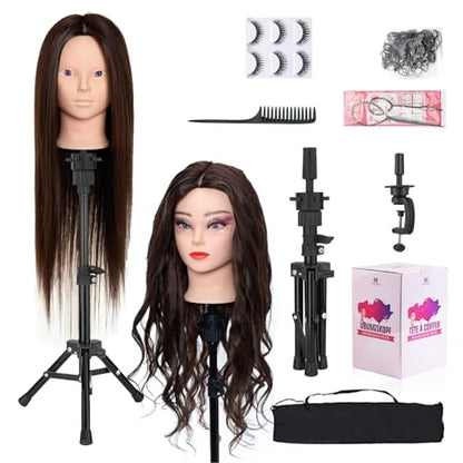 28 Inch Mannequin Head 80% Real Hair with Tripod Stand, Cosmetology Manikin Practice Doll Head,Braiding Hairdressing Head with Table Clamp + DIY Hair Styling Set #4 - color: Brown