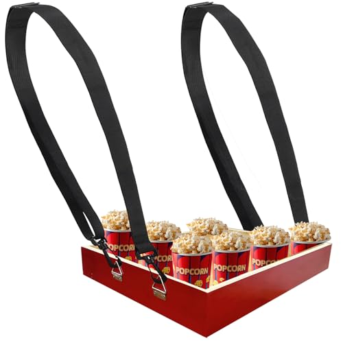 Wooden Snack Trays with Strap,Red Snack Tray Usherette Popcorn Drink Beverage Carrier Movie Snack Usherette Vendor Trays for 20's Theme Costume Accessory Carnival Prop