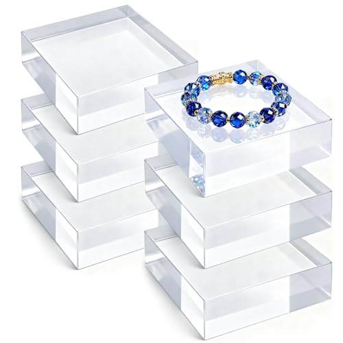 Hacaroa 6 Pieces Acrylic Square Display Block, 3 x 3 x 1 Inches Clear Polished Acrylic Cube Risers, Solid Jewelry Display Pedestal Stand Showcase Holder Base for Ring, Perfume, Photography Props
