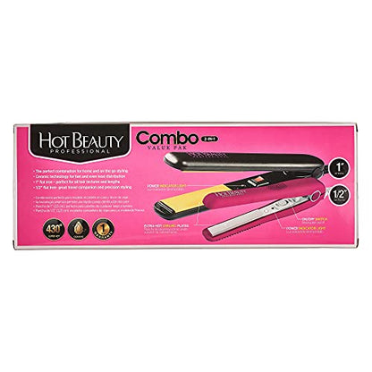 Hot Beauty Ceramic High Heat Level Flat Irons 2-in-1 Value Pack 1" and Mini 1/2" with Free Travel Pouch