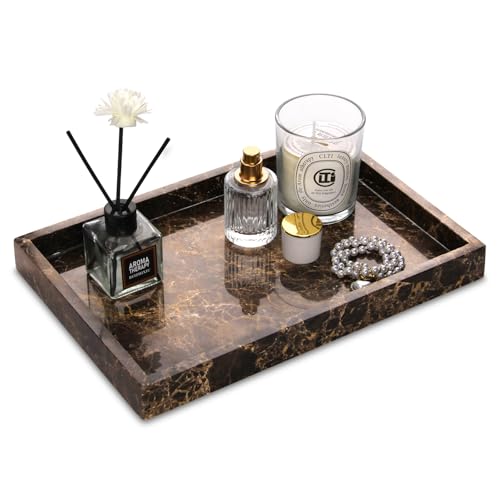 Marble Bathroom Vanity Tray, Natural Luxury Vanity Home Kitchen Bathroom Table Tray, Stone Decorative Countertop Dresser Trays for Key Coffee Perfume Jewelry Makeup (Dark Brown, 12"x 8" x1.2") - color: Dark Brown, size: 12" x 8" x 1.2"