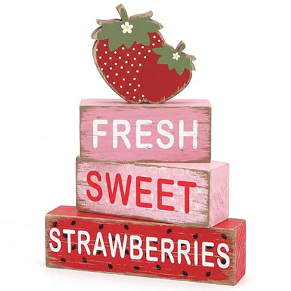 GlikCeil 4 Pcs Strawberry Table Decoration Summer Wooden Tiered Tray Decor Set Strawberry Wood Block Table Sign Centerpieces Farmhouse Rustic Summer Tabletop Decors for Home Office Desk Shelf Decor - style: Strawberry