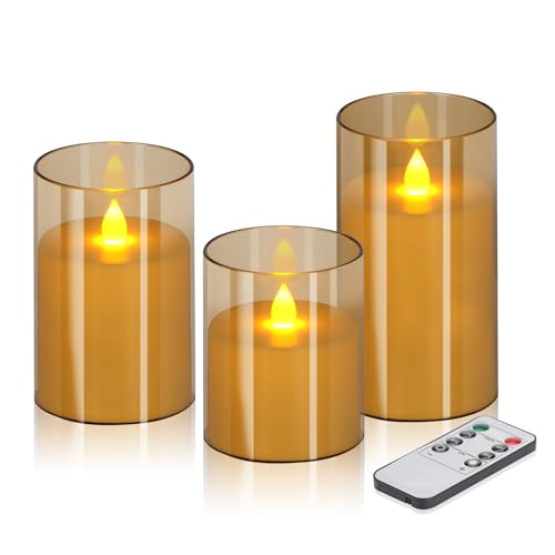 wemarry Flameless Candles 4" 5" 6" Acrylic Glass Pillars 3" Diameter Battery Operated Flickering Candles Include 8-Key Remote with Timer Function 400+ Hours (Amber, Warm Light 3 Pack) - color: Amber, size: Warm Light 3 Pack