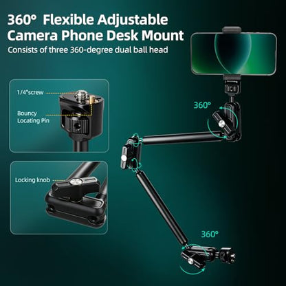 22" Magic Arm Clamp, Overhead Phone Mount Holder Stand, Flexible Desk Camera Mount, Articulating Friction Boom Arm with 1/4" 3/8" Threads for Phone, DSLR, Action Camera,Filming, Light, Webcam, Mic - color: MH05