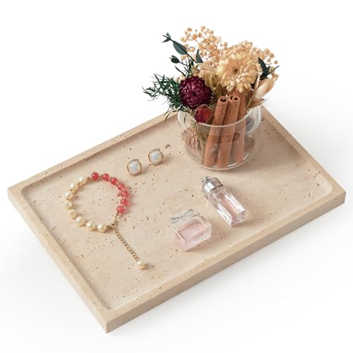 Real Luxurious Natural Travertine Tray - 12x8 Inch Marble Vanity Tray for Perfume Display, Jewelry Organizer, Bathroom & Home Decor -Heavy Duty Non-Slip Stone Tray (Non-Resin/Non-Ceramic) - color: Travertine
