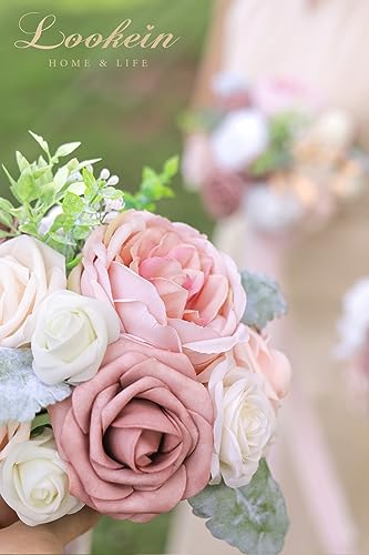 Lookein Bridesmaid Bouquet Set of 4 Boho Wedding Bouquet 7-Inch Fake Flower Bouquet for Bride Tossing Bouquet for Wedding Ceremony, Elegant Dusty Rose - color: 7" French Dusty Rose