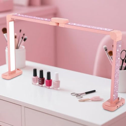34in Half Moon Light for Nail Desk, Foldable LED Lamp for Nail Art, Tattooing, Craft Making, Stepless Dimming, 3000-6000K Color Temperature Adjustment, 456 Light Beads, Pink with Diamond - color: Pink with Diamond