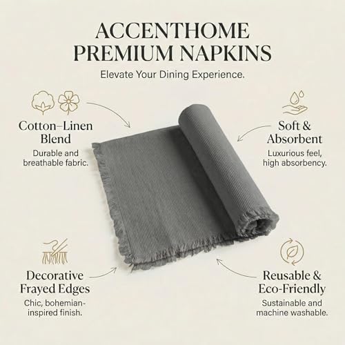 ACCENTHOME Grey Cotton Linen Napkin Set of 12 18x18 inch Dinner Napkins - Washable Soft Premium Hotel Quality Reusable Hemmed Edges Napkins Perfect Table Linens for Family Dinners, Weddings - color: 11 - Grey, size: 18"x18" - Pack of 12