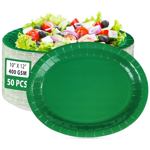 50 PCS Green Oval Paper Plates 10" x 12" Large Graduation Plates Disposable Heavy Duty Green Graduation Paper Plates for Congrats Grad Irish Holiday Party Decorations Supplies - style: Green Oval Plates