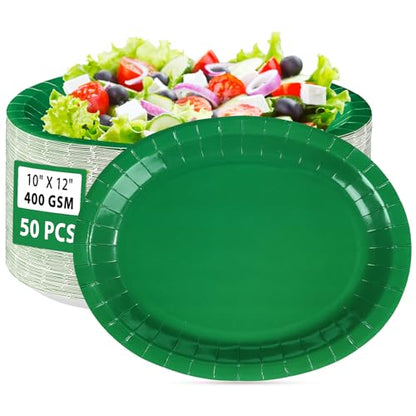 50 PCS Green Oval Paper Plates 10" x 12" Large Graduation Plates Disposable Heavy Duty Green Graduation Paper Plates for Congrats Grad Irish Holiday Party Decorations Supplies - style: Green Oval Plates