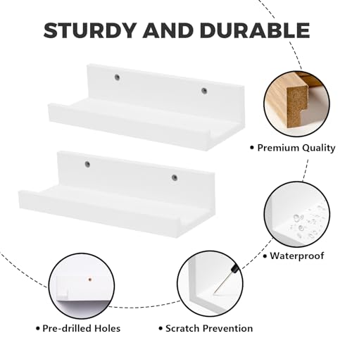 Muzilife 12" Small Floating Wall Ledge Shelves with Lip - Set of 2 Wood Floating Shelves - White Wall Mounted Picture Ledge for Office, Bathroom, Bedroom, Living Room, Kitchen - color: White, size: 12"