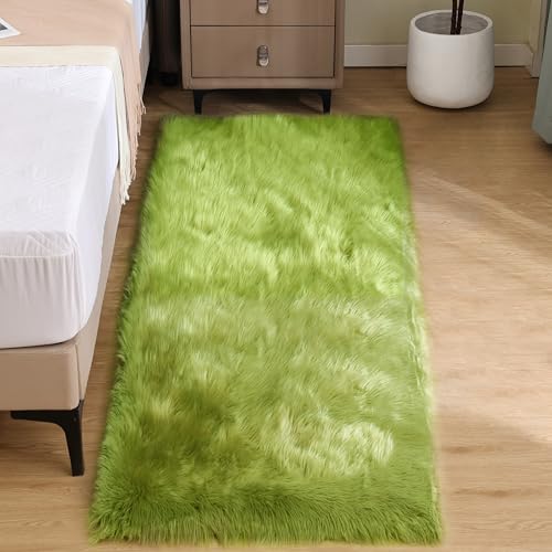 Goolela Lime Green Fluffy Runner Rug 2x6 Faux Fur Fuzzy Furry Rugs for Bedroom Bedside Shaggy Soft Rug Washable Rectangle - color: Olive Green, size: 2' x 6' (Rectangular)