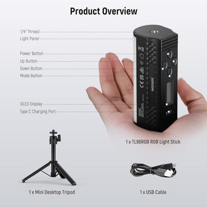 NEEWER Basic Magnetic Handheld Light Wand with Desk Tripod, 360° Full RGB Mini LED Video Tube Light Stick, 2500mAh Battery 2500-8500K Dimmable Lighting for Studio Camera Photography Recording, TL96RGB