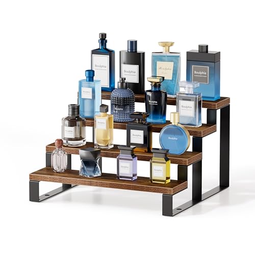 Boulphia Cologne Organizer for Men, 12 Inch Wood Cologne Stand 4 Tier Perfume Organizer for Dresser, Versatile Step Display Stand Shelf for Fragrance, Skincare, Figurine, Dessert, 1 Set Brown - color: 1 Set, 4 Tier_Brown