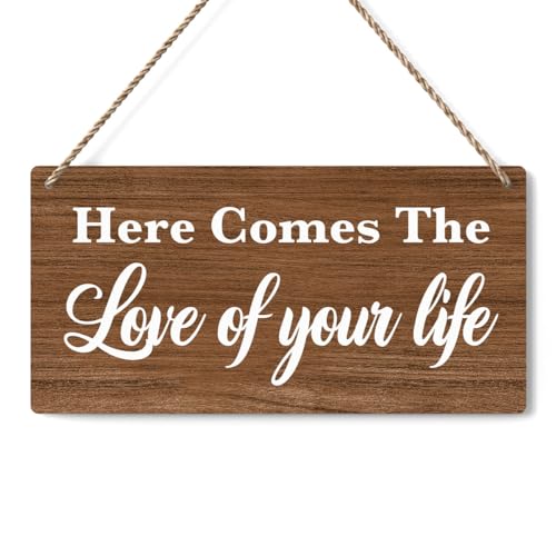 Rustic Wedding Signs Here Comes The Love of Your Life, Ring Bearer Sign, Wedding Decor Weddings Stuff Engagement Decorations 12x6 Inches (Brown) - color: Here Comes The Love of Your Life
