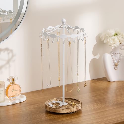 Lolalet Rotating Necklace Holder Stand with Metal Hooks, Spinning Display Carousels, Freestanding Organizer Hanger, for Long Necklaces Chains -White - color: White
