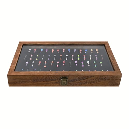 MOOCA Temper Glass Top Jewelry Display Case with Tempered Glass Lid and 54 Clip Body Jewelry Showcase Display Pad for Belly Button Rings, Tongue Rings, and Industrial Barbell Organizer, Brown Color - color: Black Pad with Brown Wood Case