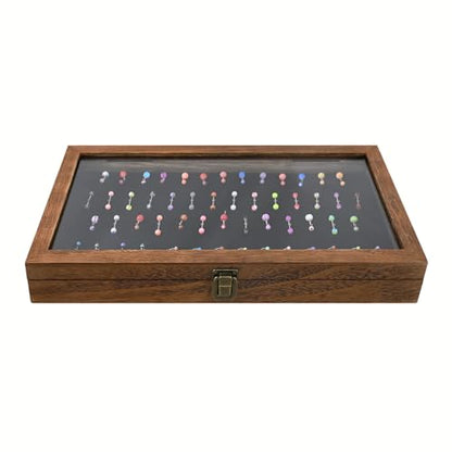 MOOCA Temper Glass Top Jewelry Display Case with Tempered Glass Lid and 54 Clip Body Jewelry Showcase Display Pad for Belly Button Rings, Tongue Rings, and Industrial Barbell Organizer, Brown Color - color: Black Pad with Brown Wood Case