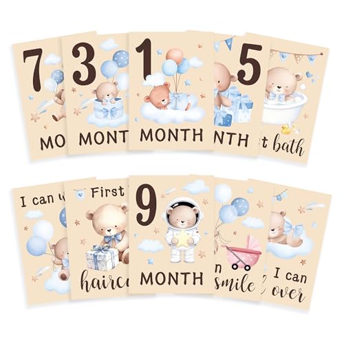 Baby Milestone Cards, 10pcs Double Sided Newborn Photo Prop, First Words, Haircut & More, First Year Monthly Milestone Cards, Boho Bear Pregnancy Announcement Ideas Decor Supplies(03) - style: Boho Bear