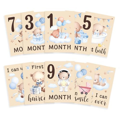 Baby Milestone Cards, 10pcs Double Sided Newborn Photo Prop, First Words, Haircut & More, First Year Monthly Milestone Cards, Boho Bear Pregnancy Announcement Ideas Decor Supplies(03) - style: Boho Bear