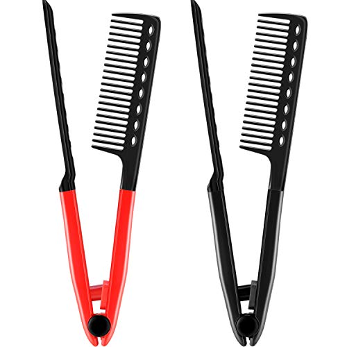 2 Pieces Flat Straightening Comb Salon Hair Brush Comb Hairdressing Styling Straightener V-shaped Straight Straightener(Red, Black) - color: Red, Black
