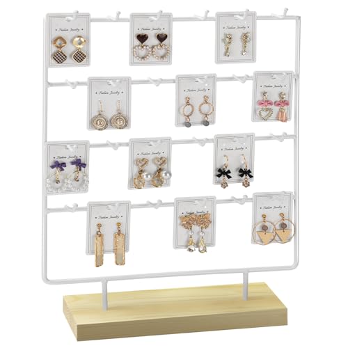 Earring Display Stand for Selling, 4 Tier Wooden Base Earring Rack Tower Display Holder Stand (24 Hooks, White) - color: White
