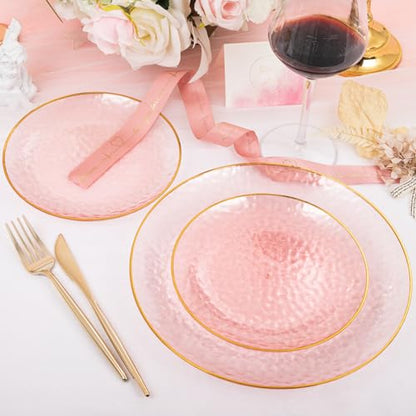 Rubtlamp 60Pcs Pink Plastic Plates,Clear Pink Plates With Gold Rim,Hammered Gold Plates Include 30Pink Plastic Dessert Platos, 30Gold Dinner Platos For Party - color: Clear Gink Gold