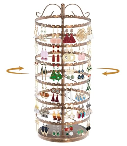 MODOWEY 6 Tier Rotating Earring Holder Organizer Stand, Adjustable Metal Display Tree Rack for Women, 480 Hole and Groove Large Storage for Pierced Stud Dangle Hoop, Compact for Small Dresser, Bronze - color: Bronze, size: 6-Tier