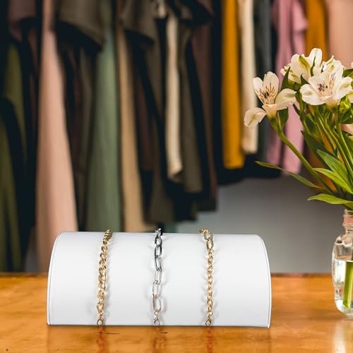SSWBasics Half Moon White Faux Leather Bracelet Holder - Elegant Bracelet Holder Display - Premium Bracelet Display Stand, 8 1/4"L x 5"W x 2 1/2"H