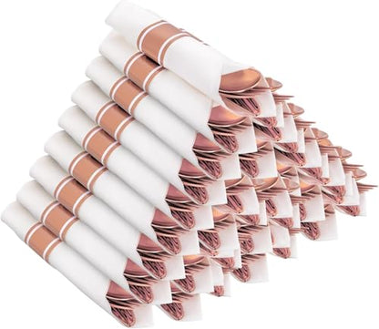 50Guests Pre Rolled Rose Gold Plastic Silverware Sets - Heavy Duty Rose Gold Cutlery - Include 50 Pack Wrapped Disposable Utensils with Napkins for Parties, Dinners & Weddings & Mother's Day - color: 50Pack - Rose Gold