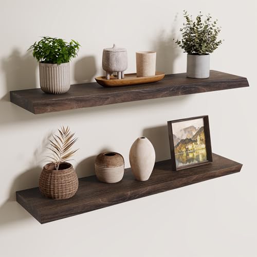 Axeman 32 inch Floating Shelves for Wall - 8'' D Live Edge Rustic Solid Elm Wood Floating Shelves Wall Mounted, Wall Shelves with Invisible Bracket for Living Room Bedroom Kitchen, Set of 2 Walnut - color: Walnut With Live Edge, size: 32 inches - 2P