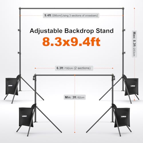 LINCO Backdrop Stand for Parties Kit 10x7 ft Adjustable Photography Studio Photo Background Support System with Clamps, Sand Bag, Carrying Bag - size: 9.4x8.3 ft