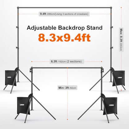 LINCO Backdrop Stand for Parties Kit 10x7 ft Adjustable Photography Studio Photo Background Support System with Clamps, Sand Bag, Carrying Bag - size: 9.4x8.3 ft