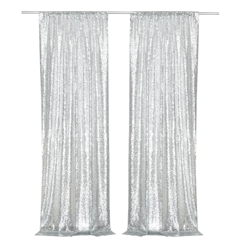 PartyDelight Silver Sequin Backdrop Curtains 2x8ft 2 Panels - High Density 3mm Shimmer Sequin Background Sparkly Photography Drapes for New Year's Eve, Disco Parties, Winter Wonderland & Event Decor - color: Silver, size: 24"W x 96"L (Pack of 2)